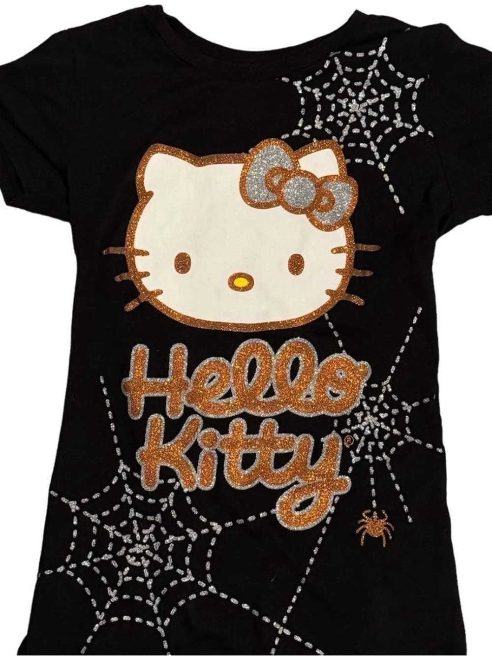Hello Kitty Black Tee with Gold and Silver Glitter Spiderwebs